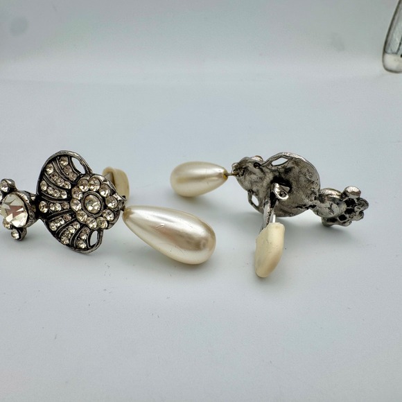 Art Deco Fan Crystal Pearl‎ Drop Earrings Silver Tone Glamour Vintage - Picture 4 of 8
